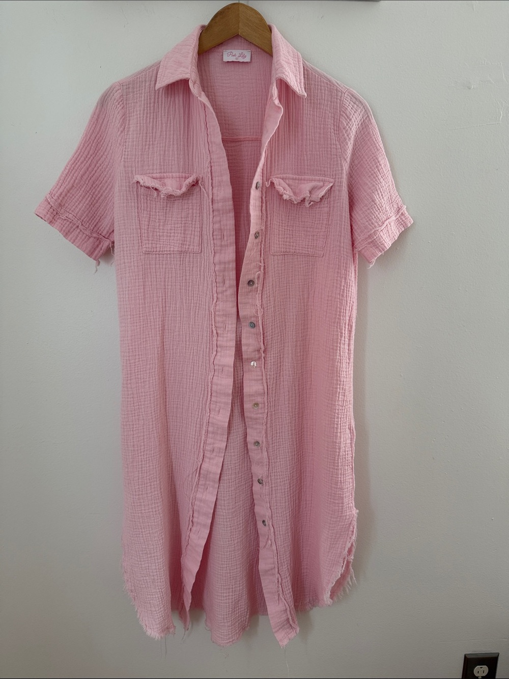 Pink Lily Pink Cotton Gauze Raw Hem Button Front Midi Shirt Dress Cover Up XS